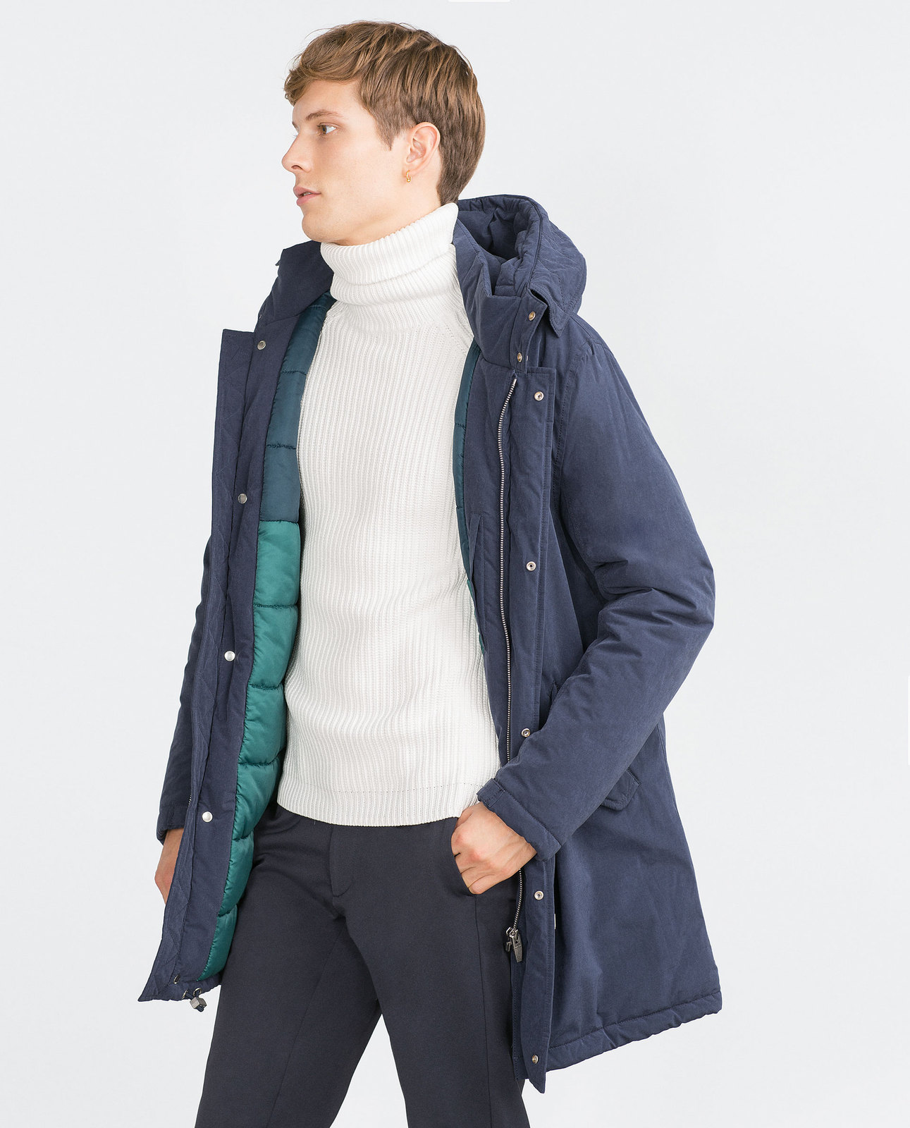 Zara kék kapucnis téli kabát 2015 fotója