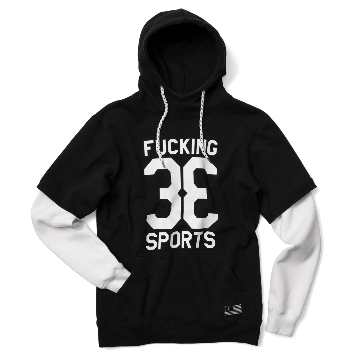 New Yorker fekete-fehér Fu***ing 33 Sports feliratos kapucnis pulcsi fotója