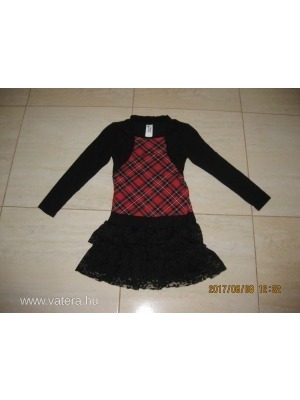 H&M sötétpiros-fekete-fehér kockás lányka nyári ruha, fekete csipkés alj, 134-es, 8-10év << lejárt 667968