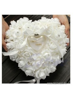 Esküvői Szív alakú gyöngyös Gyűrűpárna fehér habrózsa << lejárt 35633