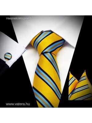 Arany világoskék barna csíkos mintás elegáns nyakkendő díszzsebkendő mandzsettagomb szett << lejárt 82224