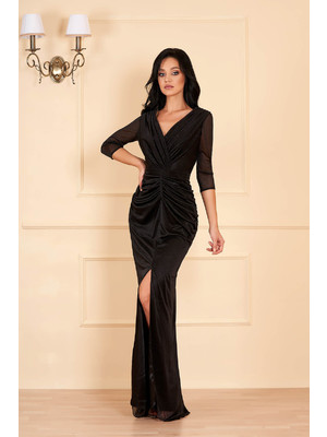 Fekete alkalmi hosszú szirén tipusú ruha csillogó díszítésekkel v-dekoltázzsal << lejárt 92295