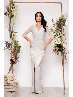 Ezüstszínű alkalmi hosszú szirén tipusú ruha csillogó díszítésekkel v-dekoltázzsal << lejárt 524326