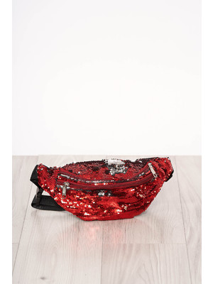 Piros táska flitteres díszítéssel cipzárral és hosszú, állítható pánttal