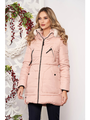 Púder rózsaszínű casual midi vízhatlan zsebes szőrmés kapucnis dzseki eltávolítható kapucnival és hosszú ujjakkal << lejárt 98404