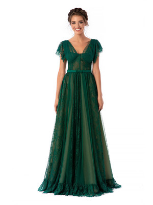Zöld Ana Radu fűzős a pántoknál fodros luxus harang hosszú ruha csipkés anyagból eltávolítható övvel << lejárt 574488