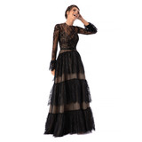 Fekete Ana Radu luxus hosszú harang ruha hosszú bővülő ujjakkal csipkés anyagból eltávolítható övvel << lejárt 409957