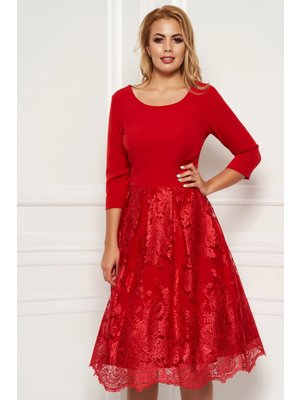 Piros elegáns midi harang ruha enyhén rugalmas anyag csipkés átfedés