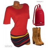 Vékonykötött, piros, csíkos szoknyás csini női ruha S/M (haszn.) 1 Ft << lejárt 193800